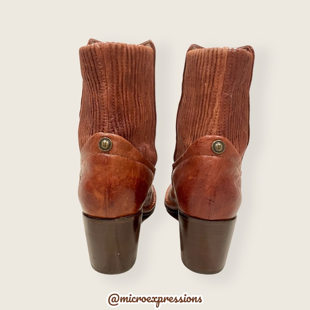 Frye Lucinda Scrunch Real Cognac Brown Leather Stretchy Heeled Short Ankle Boot - Picture 9 of 15